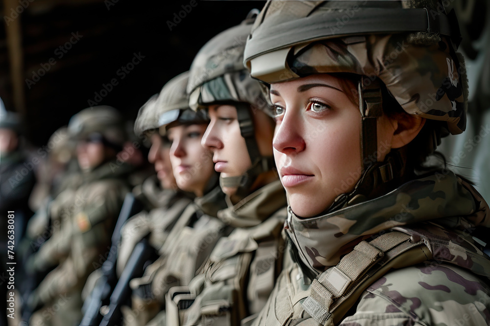 A young light-eyed female soldier stands next to her colleagues. Conscription of women for military service. Women's participation in military operations