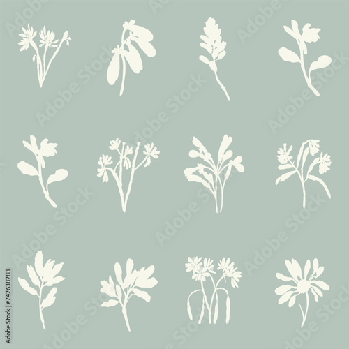 Handmade linocut sprig wildflower collection vector motif clipart in folkart scandi style. Simple monochrome block print shapes with woodcut white chic effect set.