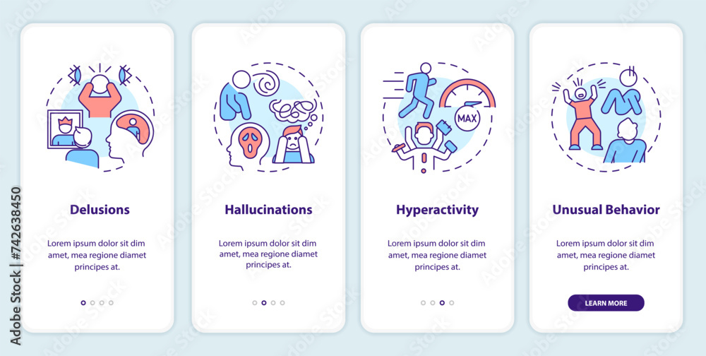 Schizophrenia positive symptoms onboarding mobile app screen. Walkthrough 4 steps editable graphic instructions with linear concepts. UI, UX, GUI template. Myriad Pro-Bold, Regular fonts used