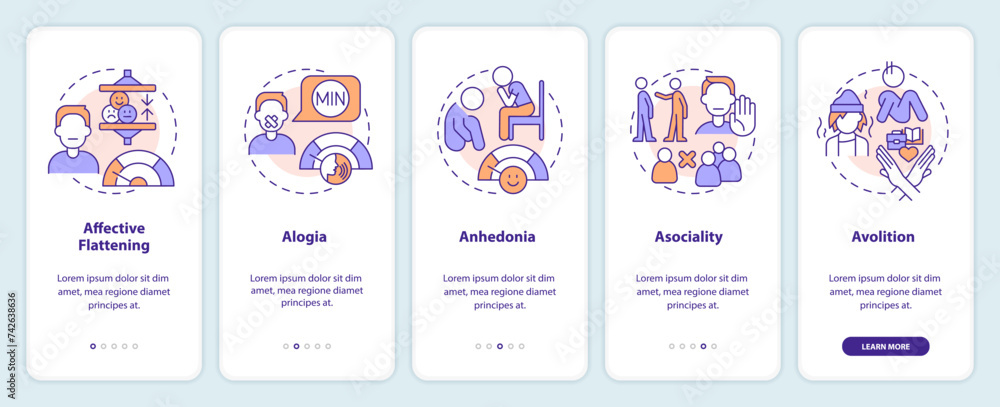 Schizophrenia negative symptoms onboarding mobile app screen. Walkthrough 5 steps editable graphic instructions with linear concepts. UI, UX, GUI template. Myriad Pro-Bold, Regular fonts used Schizophrenia negative symptoms onboarding mobile app screen. Walkthrough 5 steps editable graphic instructions with linear concepts. UI, UX, GUI template. Myriad Pro-Bold, Regular fonts used