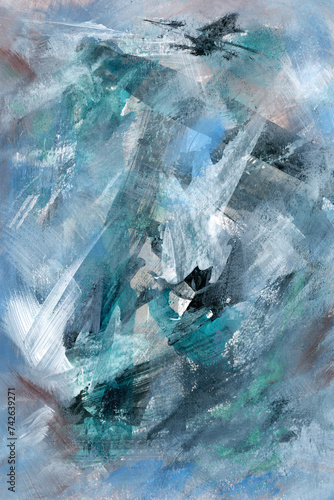 Abstract acrylic painting with a combination of blue, white, grey color theme bold brush strokes, set 1 of abstract diptych.