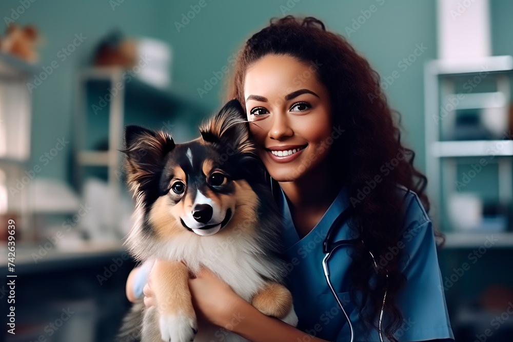 Vet clinic. A dog at an appointment with a veterinarian. Cabinet. Dark-skinned African American woman doctor hugging a dog. happy Dog close-up. Vet clinic. A dog at an appointment with a veterinarian. Cabinet. Dark-skinned African American woman doctor hugging a dog. happy Dog close-up.