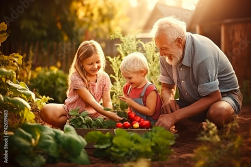 Grandfather with grandchildren, boy and girl. They are engaged in planting plants and vegetables in the garden; plants, pots with plants, and beds are planted in the flowerbed. Soft sunlight, blur.