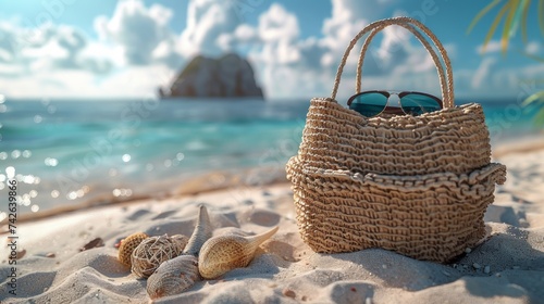 A beach bag, perfect for sunglasses and other beach essentials, lying on the sandy shore, captured in a realistic photograph.