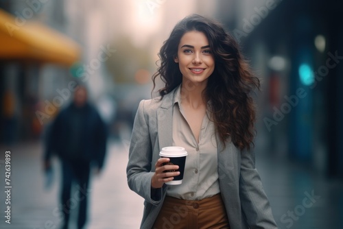 businesswoman near a business center with a glass of coffee in her hands