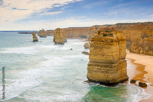 The Twelve Apostles, a collection of limestone stacks in the Tasman Sea off the coast of Victoria, Australia