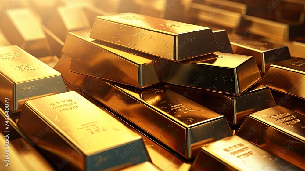 Banking and financial industry concept with gold bars in a row. Although the gold standard has passed, a declining US dollar means rising gold prices Banking and financial industry concept with gold bars in a row. Although the gold standard has passed, a declining US dollar means rising gold prices