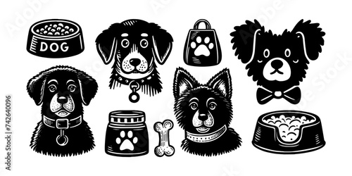 Dog pet puppy doodle vector set. Dog sketch kennel food doodle set