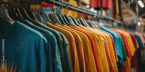 Close up of a row of Colorful rainbow order t-shirts on hangers bright color