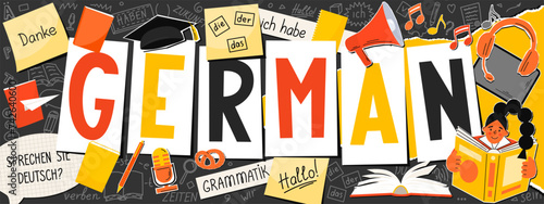 German language concept. Translation: "German, Do you speak German? thank you, grammar, the, he, she, it, me, I have, times, be, future, hello, verb, you". 