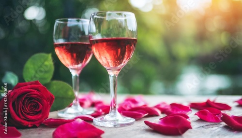 romantic concept two glasses of vine with pink rose petals with bokeh background valentine s day banner celebration with wine and red rose