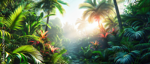 Mystical Tropical Forest, Ethereal Jungle Mist, Sunlight Through Green Canopy, Natures Tranquility, Dreamy Scenery