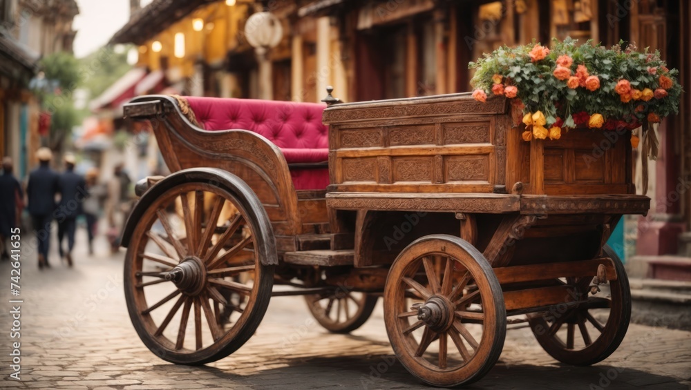 Fototapeta premium Vintage wooden horse-drawn carriage with flowers on the street