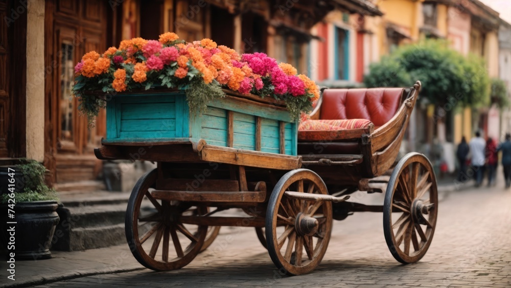 Vintage wooden cart with flowers in old town