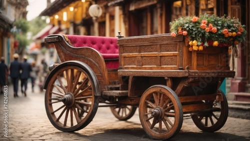 Vintage wooden horse-drawn carriage with flowers on the street