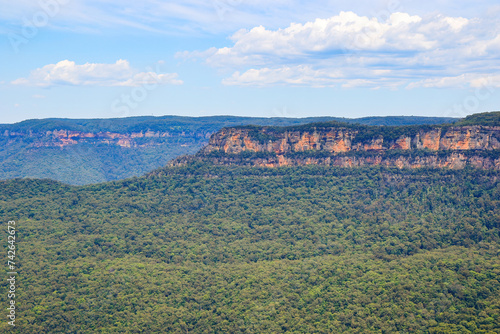 Southern escarpment of the Jamison Valley as seen from the Three Sisters in the Blue Mountains National Park, New South Wales, Australia