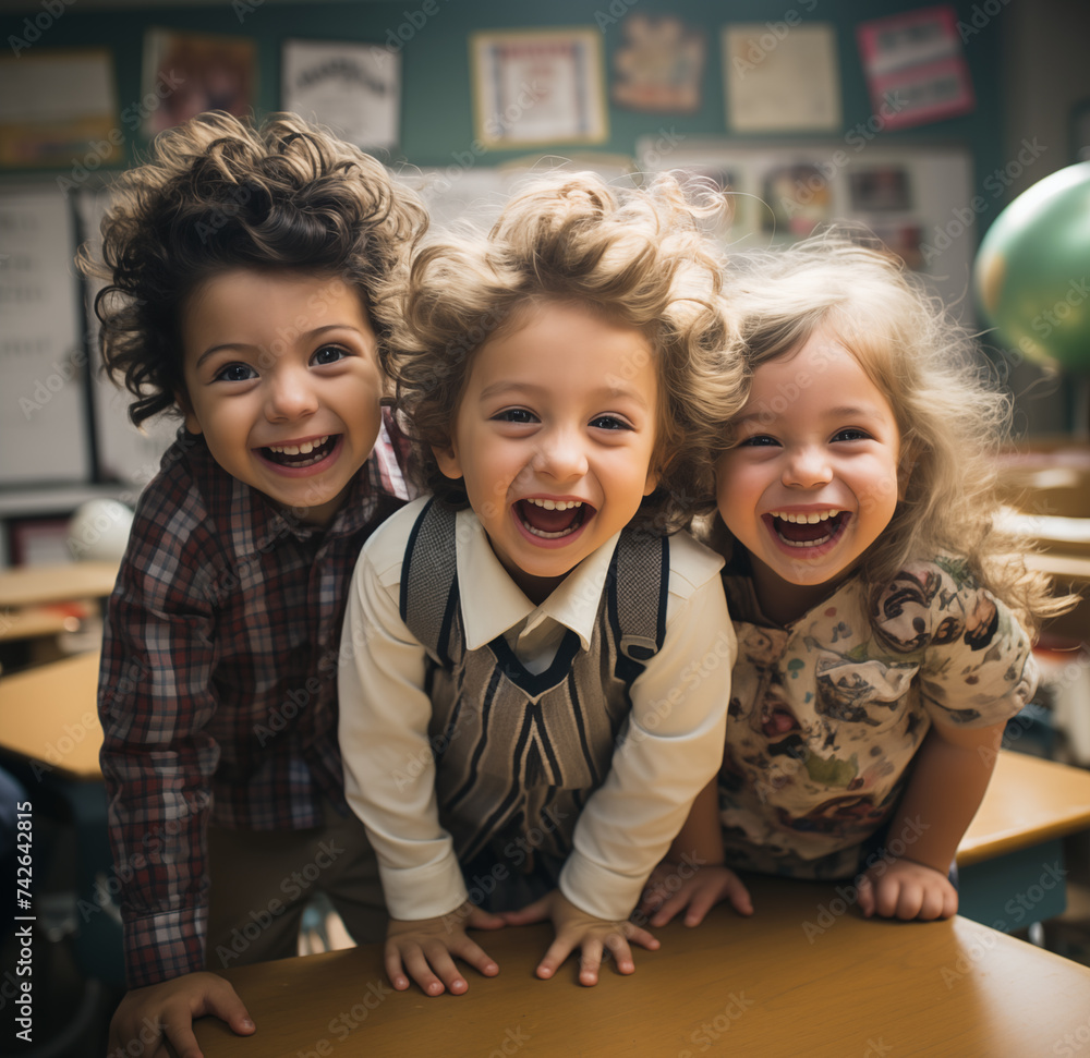 Un grupo de alegres niños jugando en el colegio juntos y divirtiéndose.
En clase mirando a la cámara y sonriendo. Imagen selfie. Concepto de amistad. - obrazy, fototapety, plakaty 