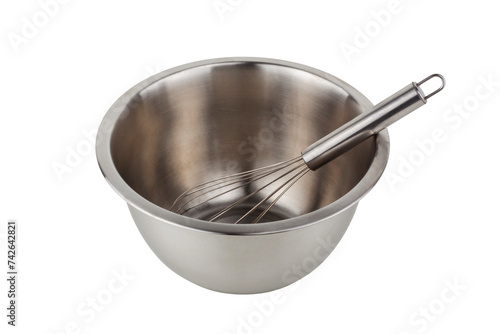 Stainless bowl with whisk isolated on white background