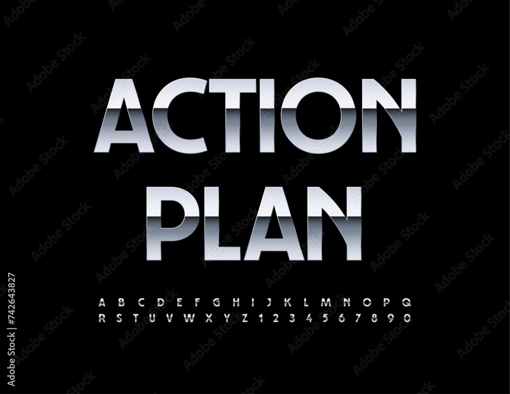 Vector business emblem Action Plan. Modern Silver Font. Set of Metallic Alphabet Letters and Numbers. Vector business emblem Action Plan. Modern Silver Font. Set of Metallic Alphabet Letters and Numbers.
