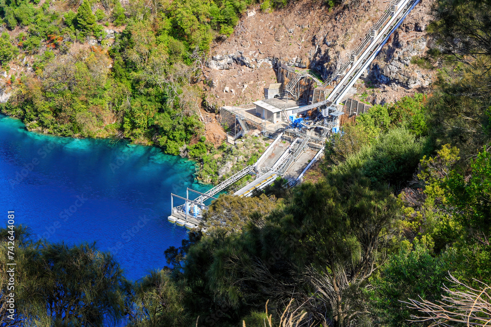 Fototapeta premium Blue Lake (Warwar), is a crater lake in Mount Gambier. This maar complex aka Berrin is surrounded by the city of Mount Gambier, the second populated in South Australia