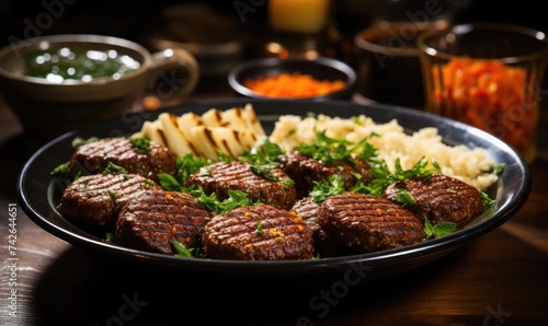 a plate of kibbeh, showcasing the finely ground meat and bulgur photo