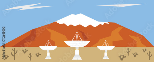 three white radio telescopes in the desert against the backdrop of a mountain photo