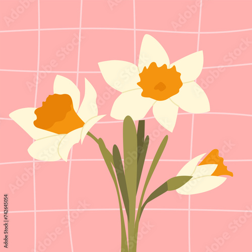 Yellow Daffodils Bouquet. Card Spring Garden Flowers. Design for  Festive Greeting Card, Poster. Womens Day.