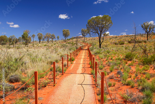 Catwalk leading to the Kata Tjuta dunes viewing area near Mount Olga, a large domed rock formation in Northern Territory, Central Australia, surrounded by bushland and steppes photo