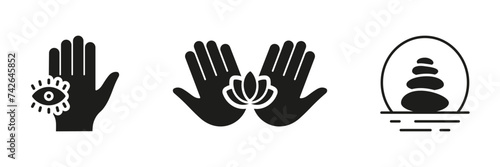 Wellbeing And Wellness Silhouette Icon Set. Massage And Acupuncture Symbol Collection. Stone Balance, Human Hand Holding Lotus Glyph Pictogram. Beauty Clinic Sign. Isolated Vector Illustration