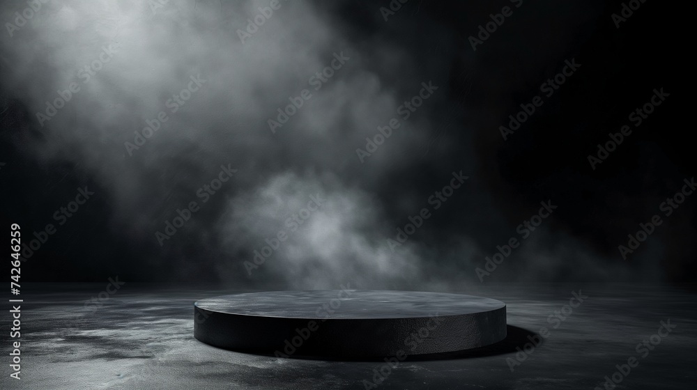 Black stone podium on dark background. Product display platform surrounded by fog, smoke cloud. Dark black floor,  table, dramatic empty night room. Concrete wall scene, smoky display studio.