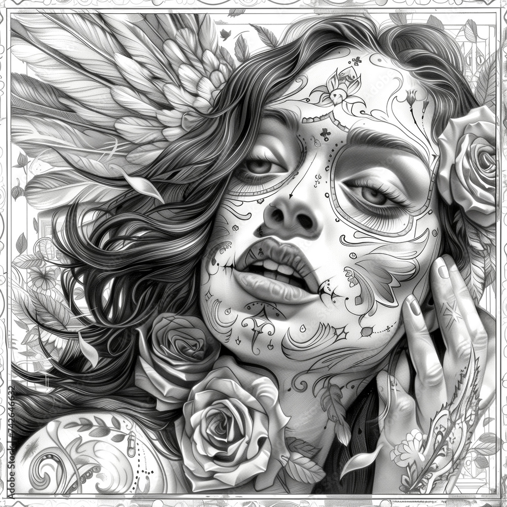Vintage chicano tattoo style template. Tattoo style portrait of chicano girl, Mexican woman with flowers art