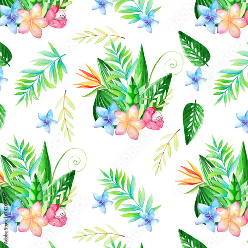 Tropical seamless pattern with watercolor exotic flowers and leaves. Hand painted summertime jungle plants for print, packaging, greeting cards.