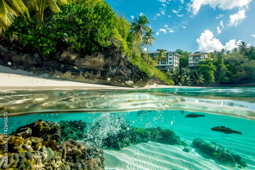 island scene underwater. A tropical paradise with crystal-clear waters, coral reefs, and colorful marine life.