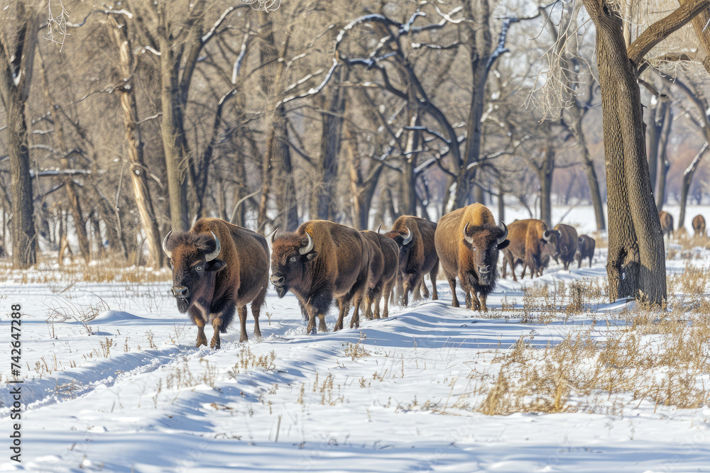 Buffalo herd in winter. American Bison walking out in the snow