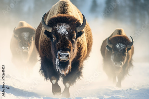 Buffalo herd in winter. American Bison walking out in the snow