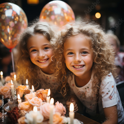 Elegante y especial fiesta de cumpleaños infantil. Grupo de niños felices celebrando un cumpleaños en un restaurante. Niños soplan velas en pastel de cumpleaños. Fiesta infantil.