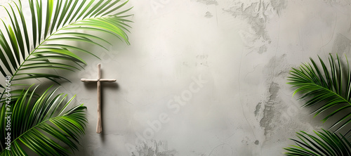 Palm sunday background. Cross and palm on grey background