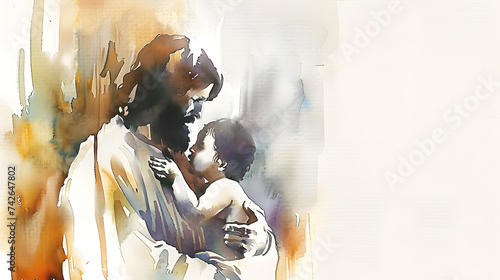 Watercolor illustration of Jesus Christ holding a child in his arms. Watercolor painting photo