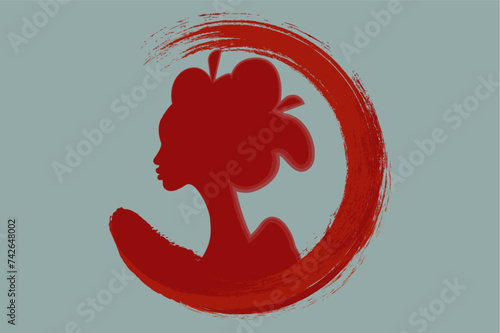 logo portrait of the Japanese girl ancient hairstyle on the red enso zen circle. Geisha, maiko, princess. Traditional Asian woman style. Round icon in art vintage paint brush vector isolated