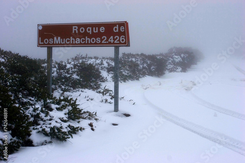 road sign for highest mountain of La Palma Roque de los Muchachos, Canary Islands, Spain