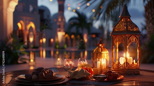 Traditional iftar items during ramadan evening with mosque background photo