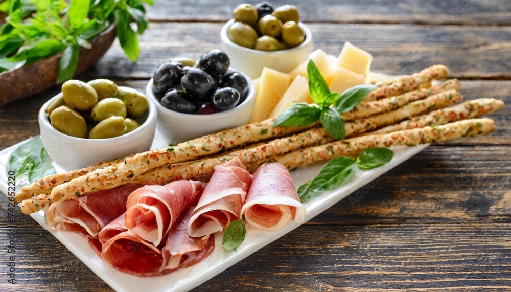 assorted italian appetizers with grissini on a plate sausage ham olives cheese