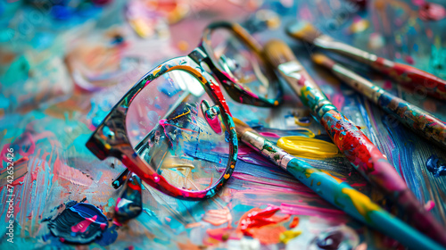 Painters stuff colourful glasses in paint.
