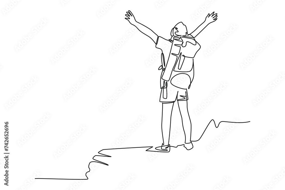 Continuous one line drawing Solo climbers feel very happy and amazed to see the natural scenery on the mountain. Adventure minimalist concept. Teamwork hiking. Single line draw design vector Continuous one line drawing Solo climbers feel very happy and amazed to see the natural scenery on the mountain. Adventure minimalist concept. Teamwork hiking. Single line draw design vector