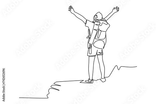 Continuous one line drawing Solo climbers feel very happy and amazed to see the natural scenery on the mountain. Adventure minimalist concept. Teamwork hiking. Single line draw design vector