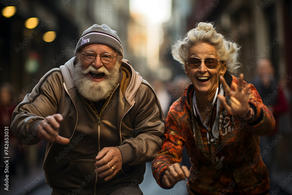 Obraz premium Elderly Couple Running Together in Marathon Race. Happy Senior Couple Jogging in Sportswear