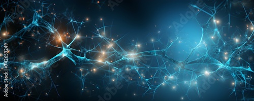 Blue background with nerve cell neuron system and synapses for AI generation. Concept Neural network, Synaptic connections, Brain science, Artificial intelligence, Blue background photo