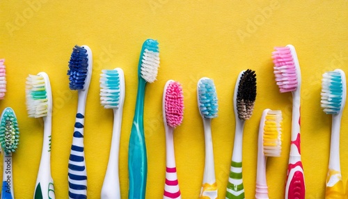 different toothbrushes on yellow background flat lay