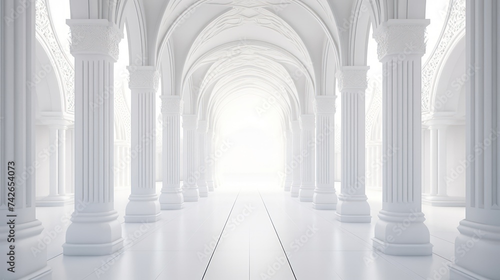 3D rendering of a white corridor with pillars in the background.