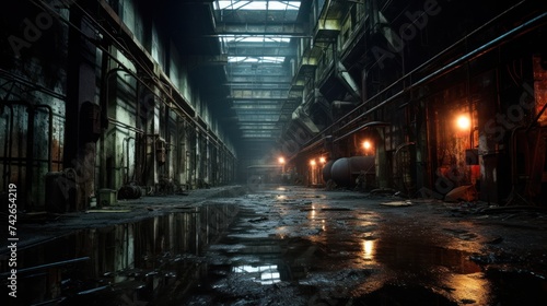 Abandoned ruined industrial building room interior.